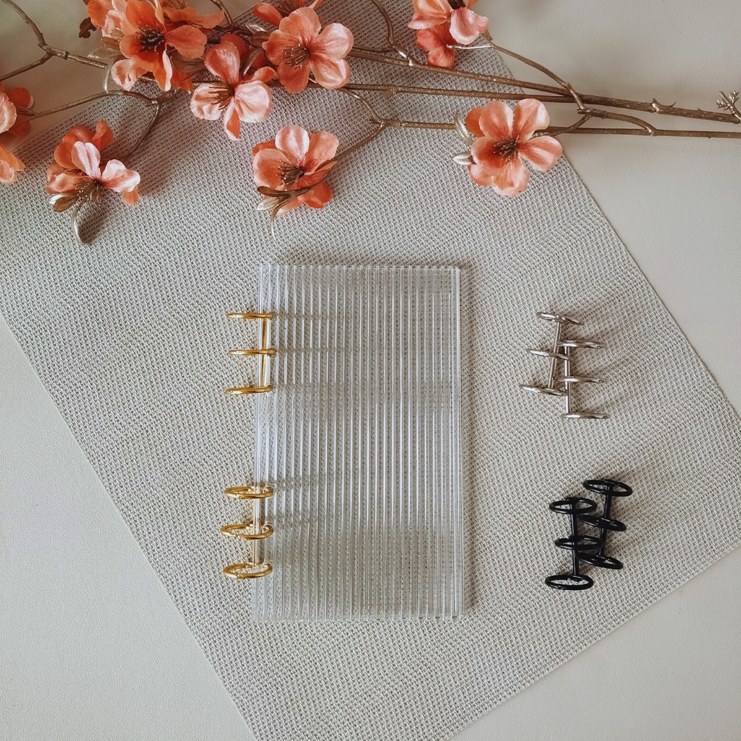 Clara Binder met luxe ribbeltextuur, gouden bindringen en transparante uitstraling – ideaal voor cash stuffing