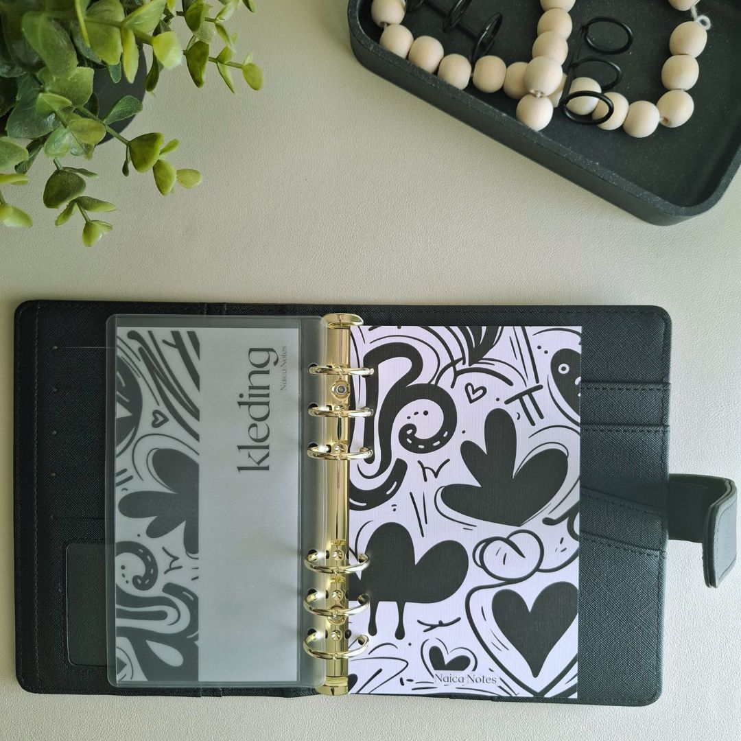 Alice binder Midnight met Playful Abstract vellum dashboard insert in cash envelope, speels en modern.