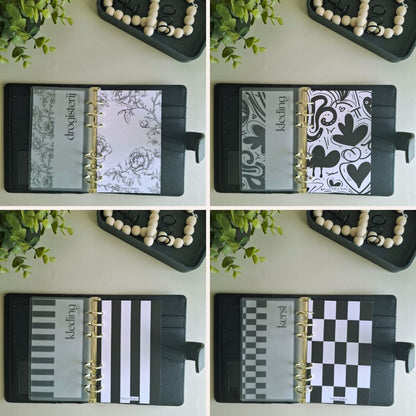 Vier linnen dashboards uit de Black and White collectie: Chic Tiles, Bold Stripes, Romantic Floral en Playful Abstract