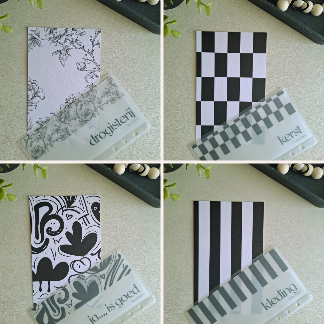 Vier vellum linnen dashboard inserts uit de Black and White collectie: Chic Tiles, Bold Stripes, Romantic Floral en Playful Abstract