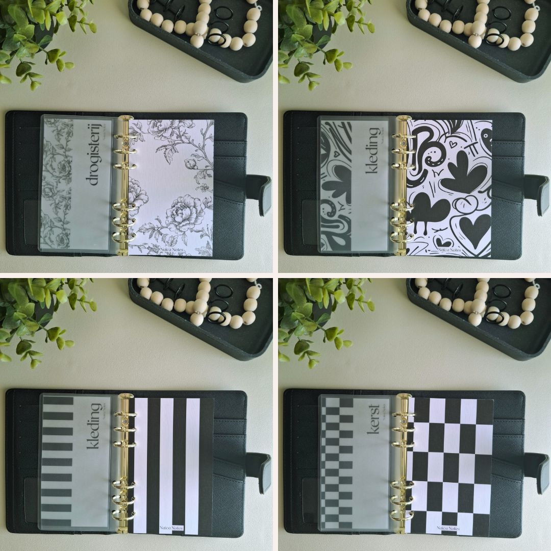 Vier vellum dashboard inserts en linnen dashboards uit de Black and White collectie: Chic Tiles, Bold Stripes, Romantic Floral en Playful Abstract
