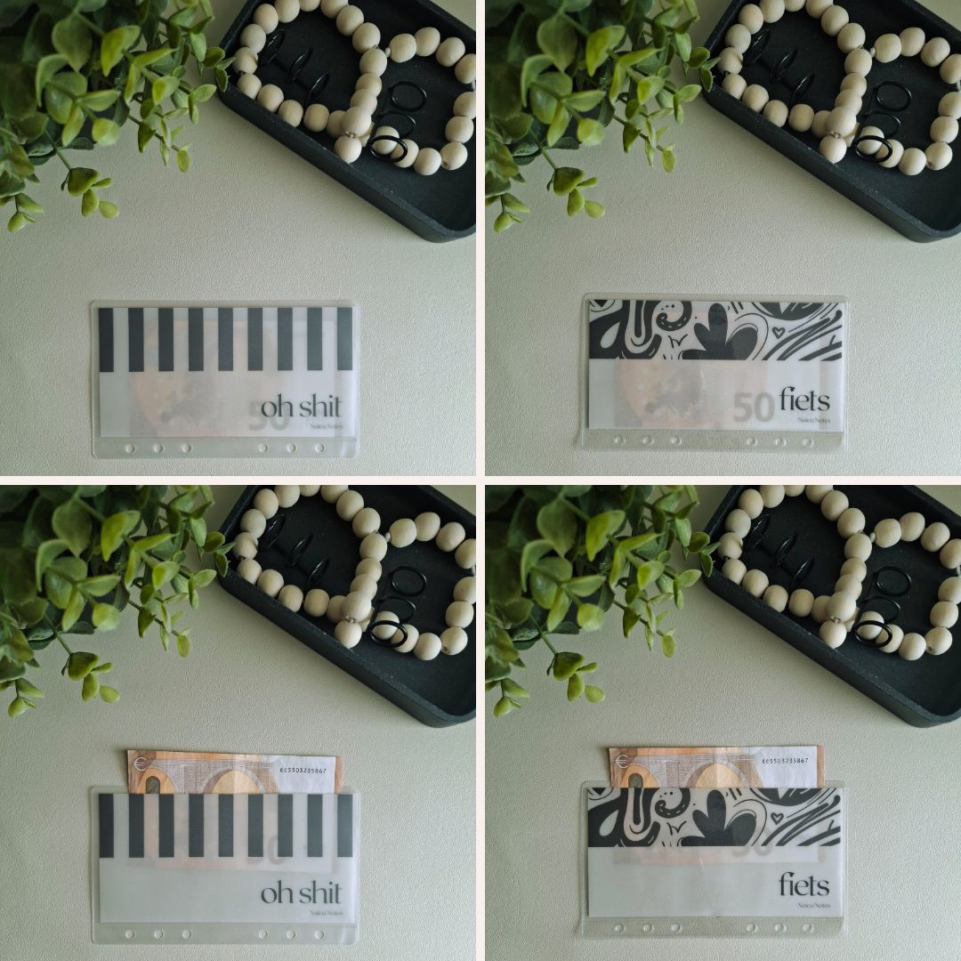 A6 cash envelope met contant geld in in dashboard insert bold stripes en playful abstract, voorbeeld van cash stuffing in gebruik