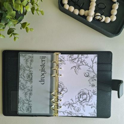 Linnen dashboard Romantic Floral met vellum insert in Alice binder Midnight, elegant bloemenmotief in zwart-wit tinten
