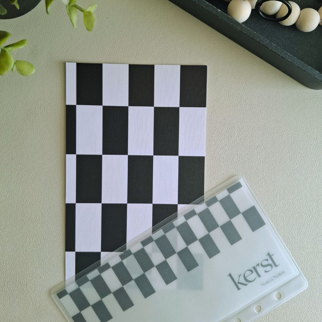 Linnen dashboard Chic Tiles met bijpassende vellum dashboard insert, chique zwart-wit tegelpatroon